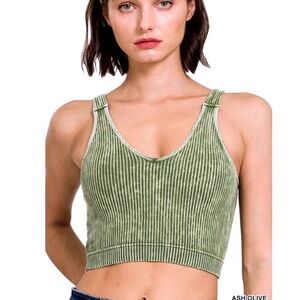 Washed Ribbed Cropped Seamless Bra Padded Tank Top Ash Olive Green SM